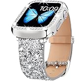 Compatible For Apple Watch Band with Bling Diamond Case 38mm 40mm 41mm 42mm 44mm 45mm 46mm 49mm Ultra 3/2/1, Women Glitter Sparkle Bands For iWatch Band Series 11 10 9 8 7 6 5 4 3 2 1 & SE3 SE2 SE