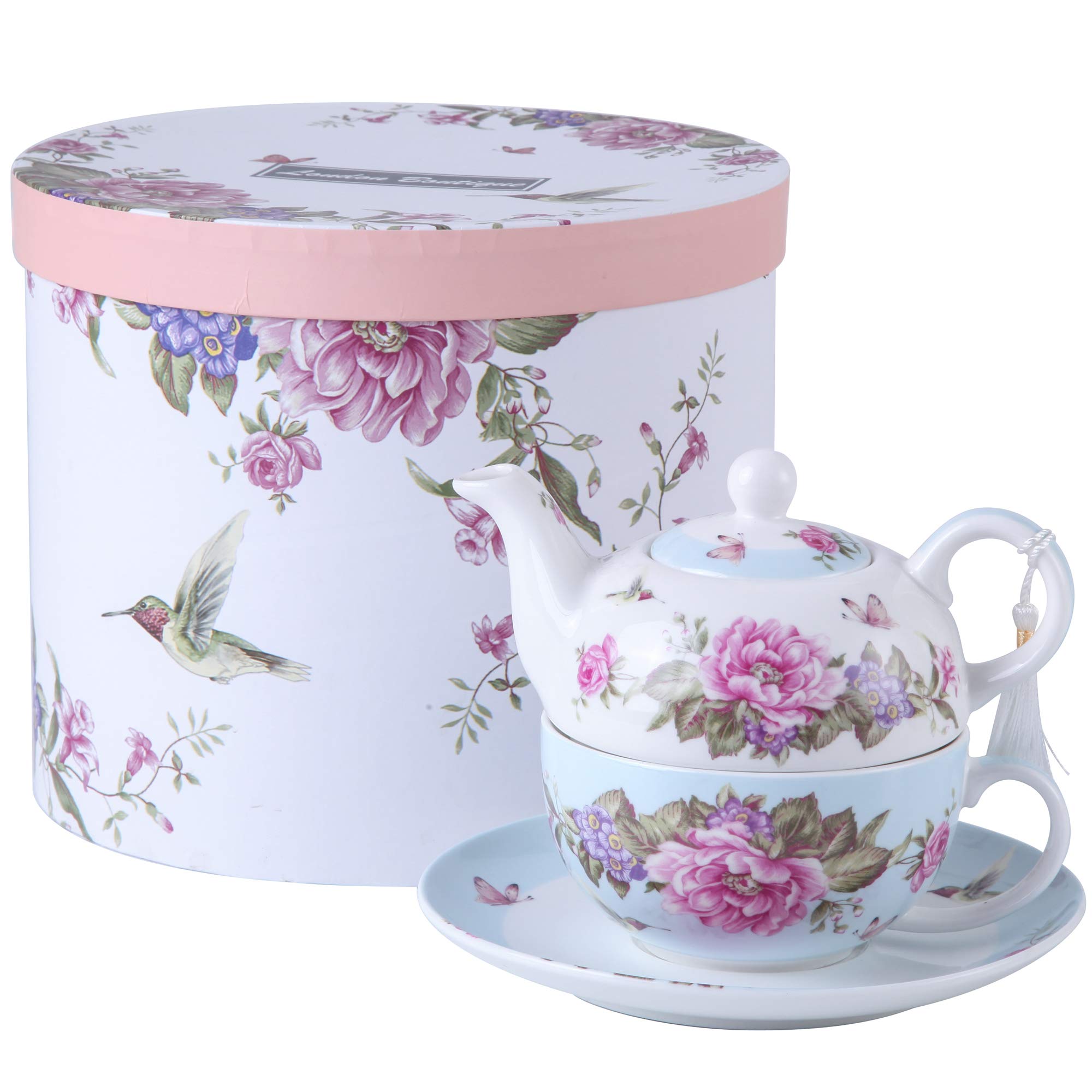 London Boutique Tea for One Teapot Cup suacer Set Shaby Chic Flora Bird Rose Butterfly Porcelain Gift Box (Blue)