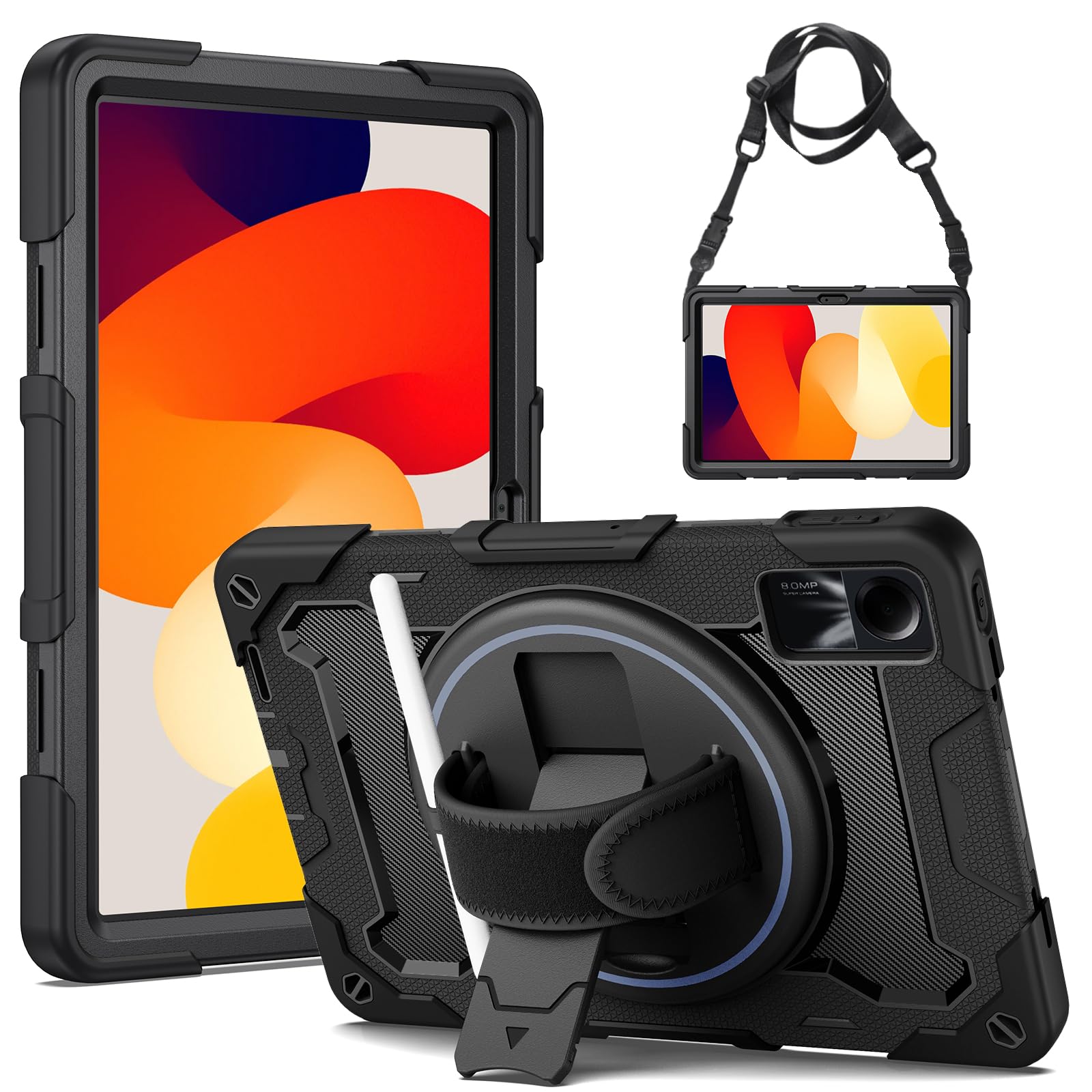 Gerutek Case for Xiaomi Redmi Pad SE 11 Inch 2023, Shockproof Rugged Case with 360 Rotating Stand, Hand Strap and Shoulder Strap, Protective Case for Redmi Pad SE 11", Black — image 1