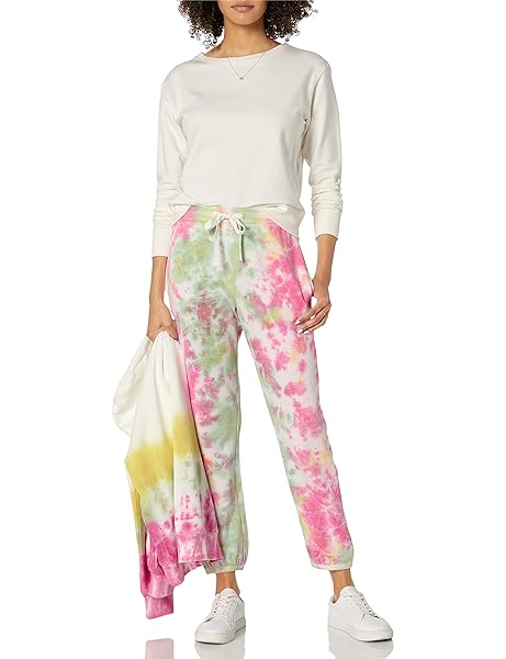 THE DROP WOMEN’S DINA FLEECE ELASTIC HEM SWEATPANT PANTS, -NEON TIE DYE, M