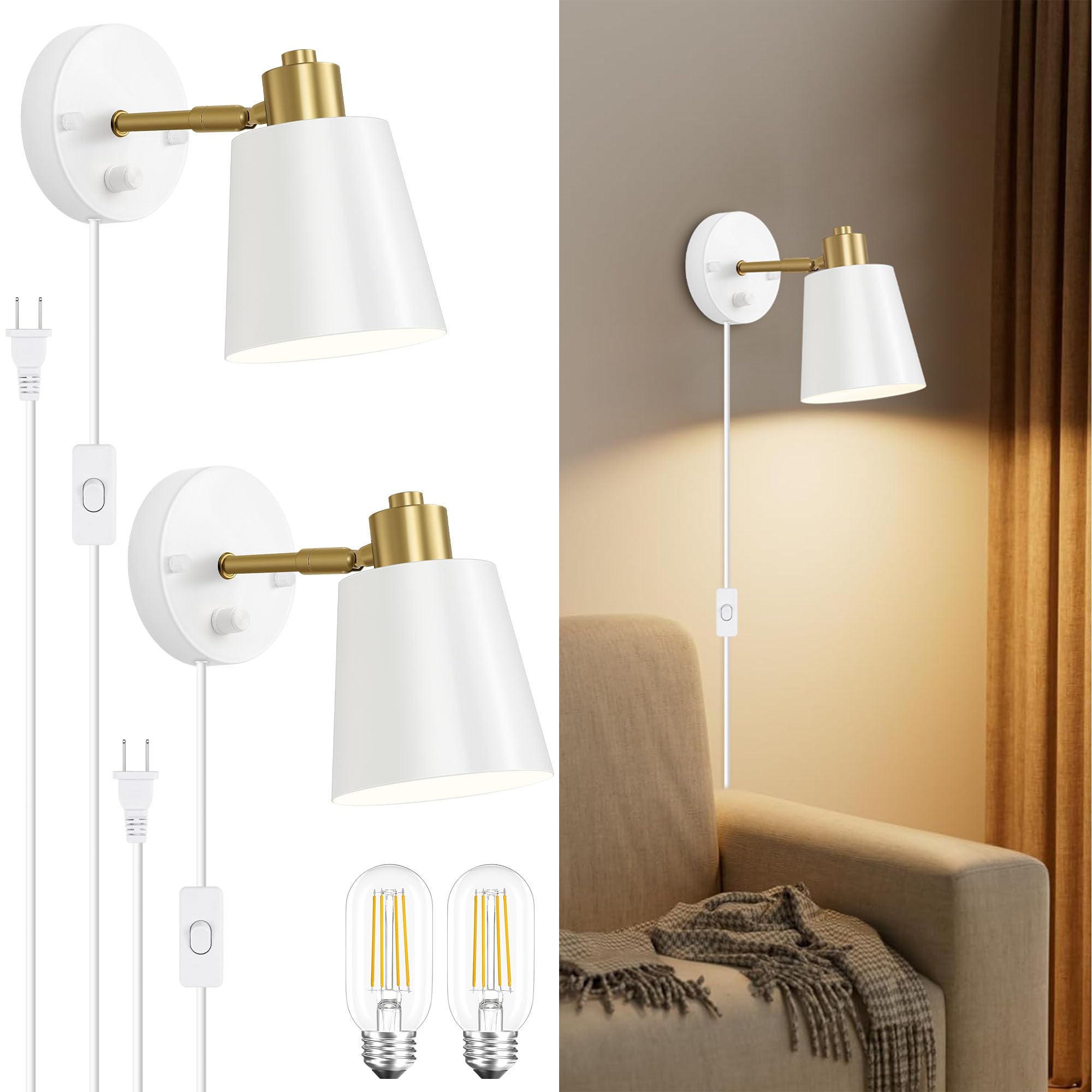 Photo 1 of Lomoky Dimmable Wall Sconces Set of 2, Adjustable Angle Wall Lights with Plug in Cord and Dimmer On/Off Knob Switch, Hardwired Indoor White Wall Lamp for Bedside Bedroom Bathroom (2 Bulbs Included)
