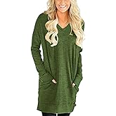 LERUCCI Long Sweatshirts for Women Casual Long Sleeves Solid V-Neck Tunics Tops with Pockets Army Green Small