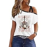 Womens Summer Trendy Cold Shoulder Short Sleeve T Shirts Criss Cross Casual Loose Tunic Shirts Tops Blouses