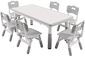 JIAOQIU Kids Table and Chairs, Kids Table (6 Chairs) Kids Table and Chair Set, Toddler Table and Chairs, Kids Table and Chair Set 5-8 Year Old with 4 Leg Covers +12 Color pens