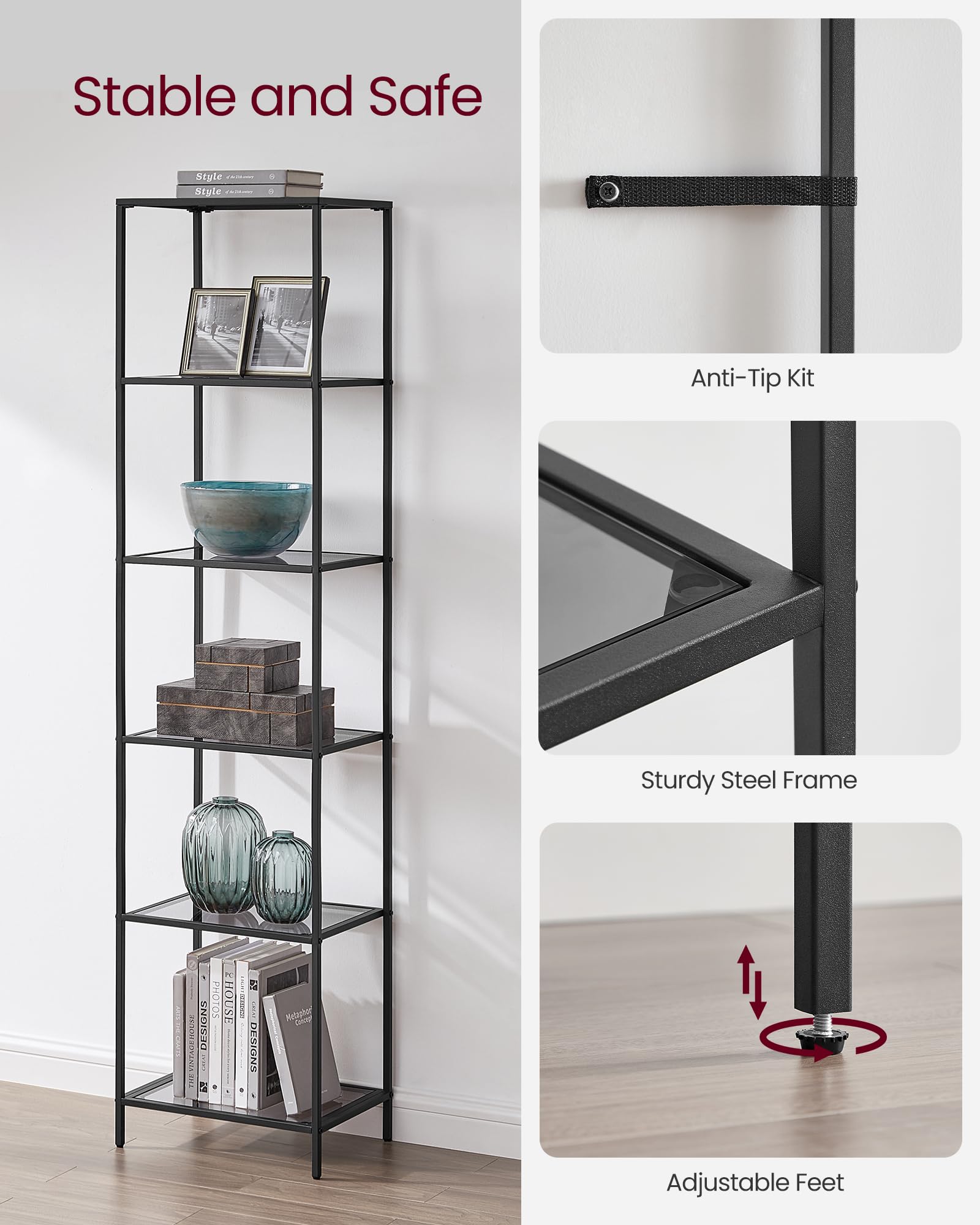 VASAGLE Bookcase, 6-Tier Bookshelf, Slim Shelving Unit for Bedroom, Bathroom, Home Office, Tempered Glass, Steel Frame, Ink Black and Slate Gray ULGT500G01
