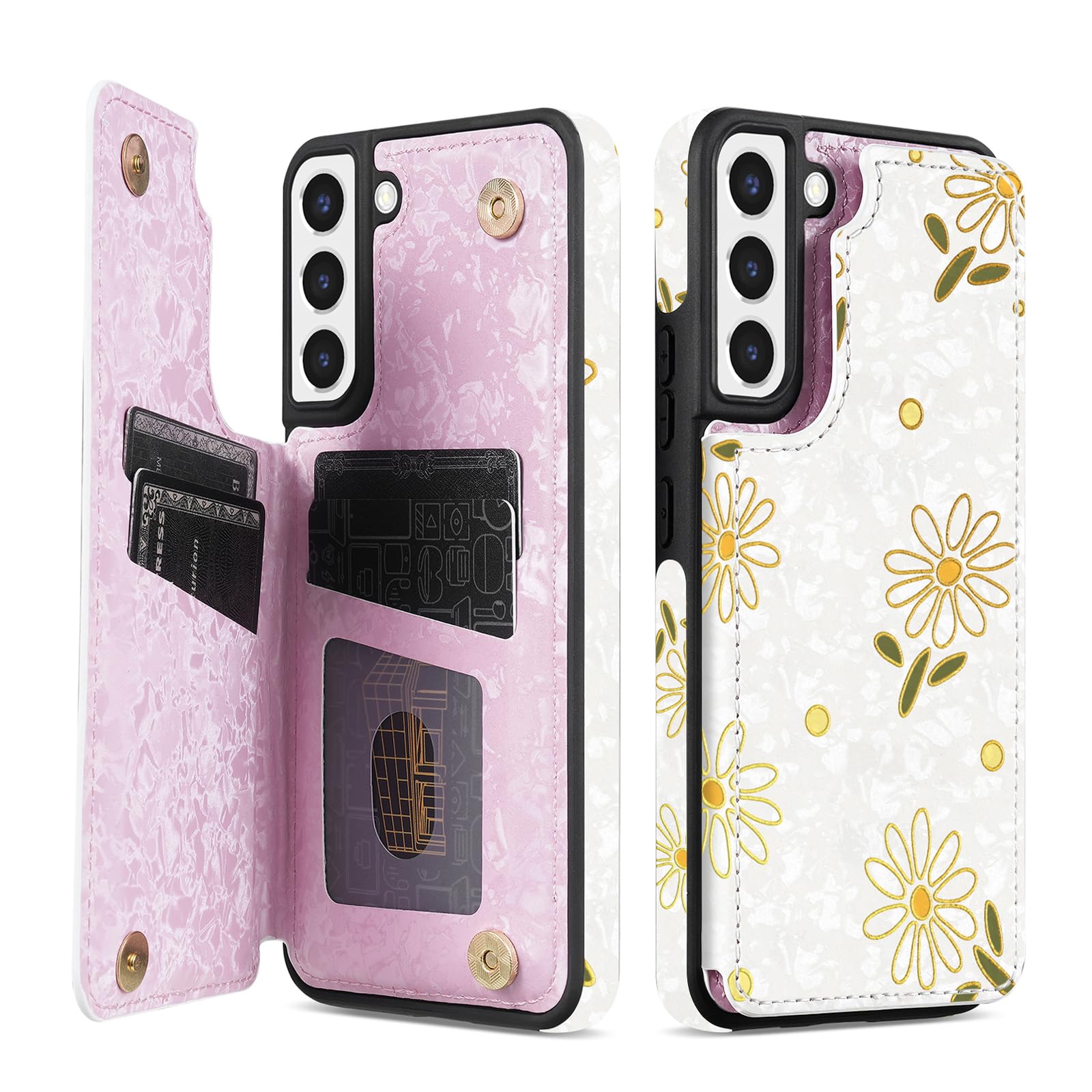 NNH Compatible with Samsung Galaxy S21 Plus Wallet Case with RFID Blocking Card Slots Folio Flip PU Leather Kickstand Double Magnetic Clasp Design Cover for Galaxy S21+(6.7inch-White Little Daisy)