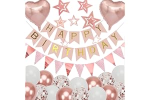 Rose Gold Birthday Decorations with Happy Birthday Banner, Balloons, Pennant Banner Flags and Glitter Hanging Stars for Girls
