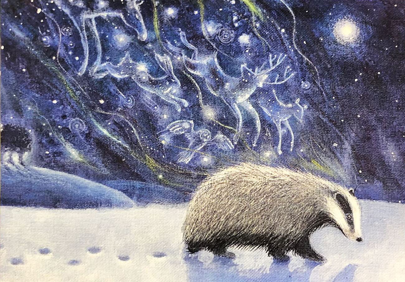 Guardian of the Winter Solstice by Hannah Willow - UK made Art Greetings Card - Badger walking through the snow - Animals - Birthday Card - Christmas Card