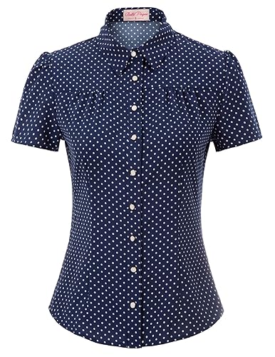 Women Vintage Office Shirt and Blouse Polka Dots Short Sleeve
