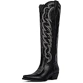Modatope Cowboy Knee High Boots for Women Pointed Toe Chunky Heel Embroidered Wide Calf Cowgirl Boots Women Pull on Western Boots