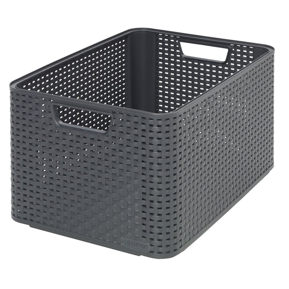 Curver Storage Basket Style 30L – Textured Rattan Look – For Bedroom, Living Room, Bathroom, Laundry Room – 44.5 x 33 x 25 cm – Anthracite – 70% Recycled