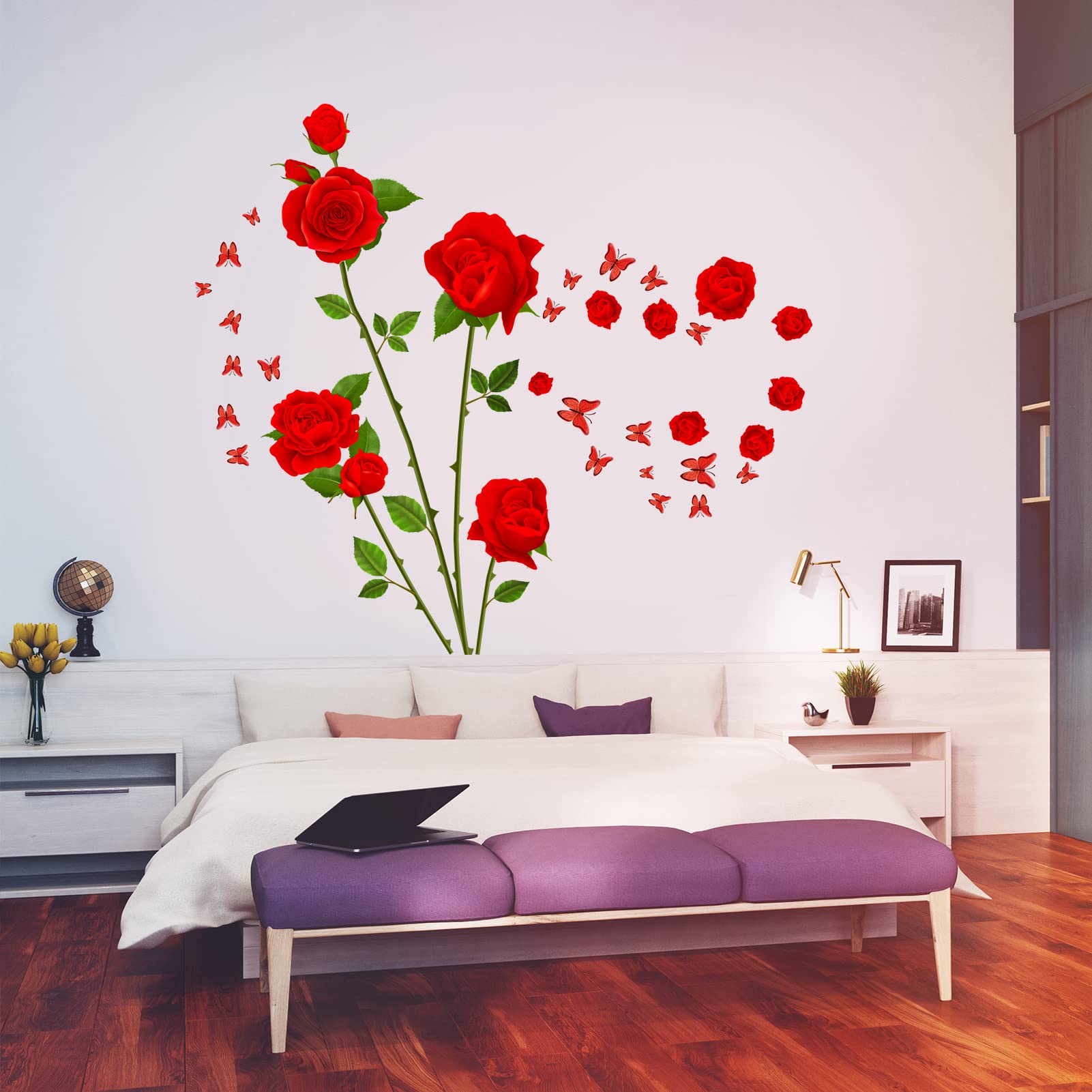 AnFigure Red Rose Flower Wall Stickers Rose Floral Wall Decals for Girls Women Bedroom Living Room Wall Sticker Couples Romantic Valentines Day Decor Wedding Party Wall Decal Sofa Backdrop Wall Decor