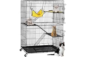 Yaheetech 49'' Collapsible Cat Cage 4-Tier Metal Cat Kennel Ferret Enclosure Chinchilla Cage with Rotating Casters/Ramp/Ladders/Hammock for Indoor Kitten