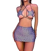 RARITYUS Women's Metallic Mini Skirt Set 2 Piece Rave Outfits Sexy Silver Pentagram Halter Crop Tops for Party Music