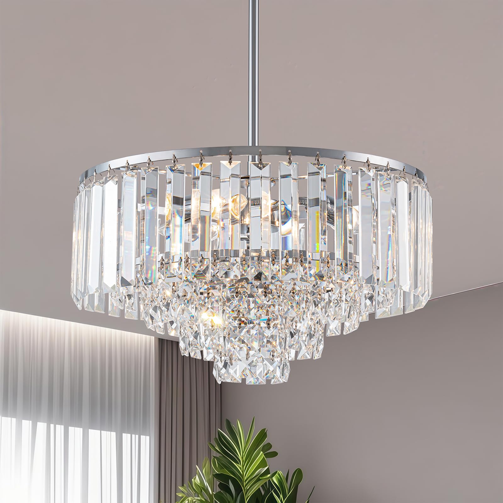 Photo 1 of 15" Chrome Crystal Chandeliers for Dining Room Bathroom, 3-Light Modern French Dining Room Chandelier Light Fixtures over Table, Round Pendant Light Fixtures for Kitchen Island Bedroom Living Room