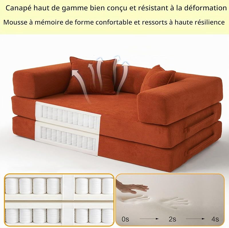 5 en 1 Versatile Canapé Compressé, Fabriqué en Velours Côtelé de Haute Qualité avec Forme de Mémoire Haute Densité, 160cm Canapé Convertible 2 Places pour Appartement, Orange