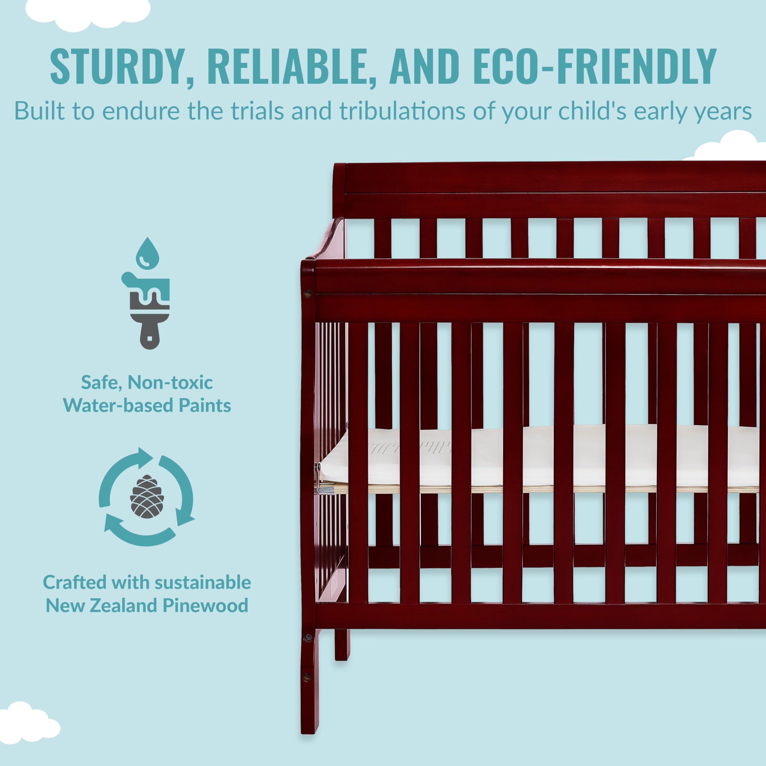 Dream On Me Aden 4in1 Convertible Mini Crib In Cherry, Greenguard