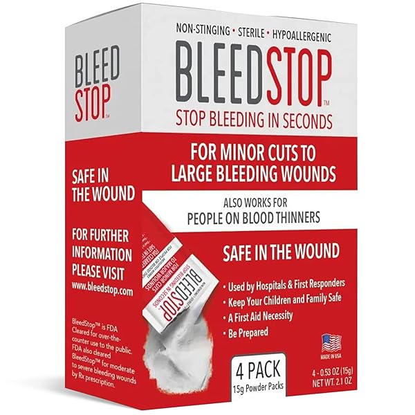 BLEEDSTOP™ FIRST AID POWDER FOR BLOOD CLOTTING, TRAUMA KIT, BLOOD THINNER PATIENTS, CAMPING SAFETY, AND SURVIVAL EQUIPMENT FOR MODERATE TO SEVERE BLEEDING WOUNDS OR NOSEBLEEDS – 4 (15G) POUCHES