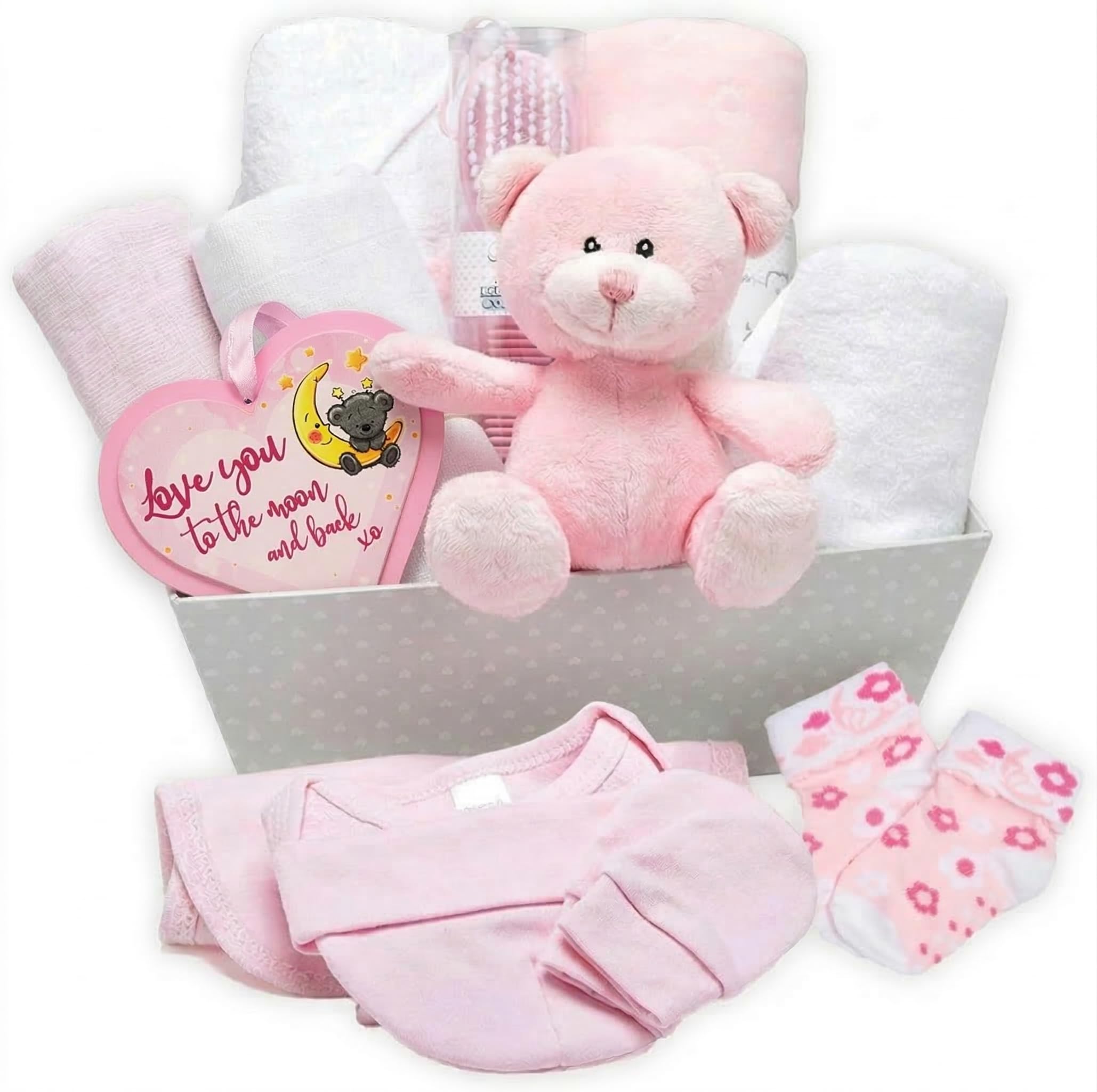Baby Girl Gifts Newborn | 17-Piece Baby Hamper with Clothes & Keepsakes | Newborn Baby Girl Gift Set | Baby Shower Present – Pink — image 1