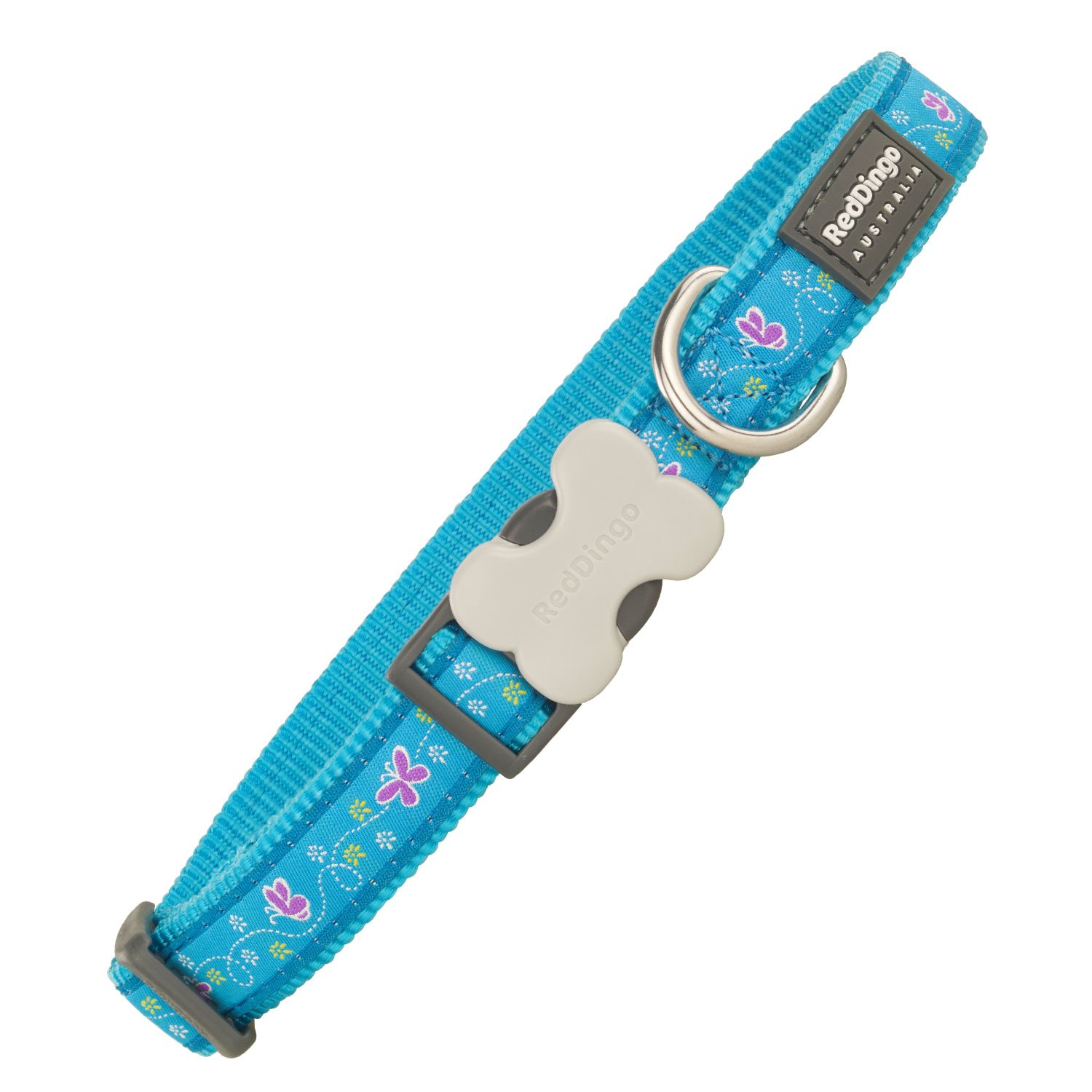 Red Dingo Bucklebone Dog Collar Design, Butterfly Turquoise, Large 25mm