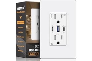 BESTTEN GaN 65W USB C Wall Outlet for Laptop, 3-Port USB Outlet with 15A Tamper-Resistant Electrical Outlet, 2 Type-C & 1 Typ