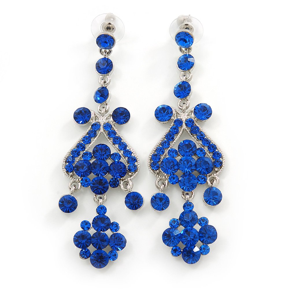 Long Sapphire Blue Crystal Chandelier Earrings/Rhodium Plated/ 90mm L