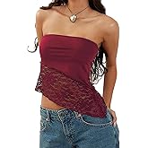 Xineicy Tube Tops for Women Strapless Lace Bandeau Going Out Crop Tops Y2k Asymmetrical Hem Summer Tops