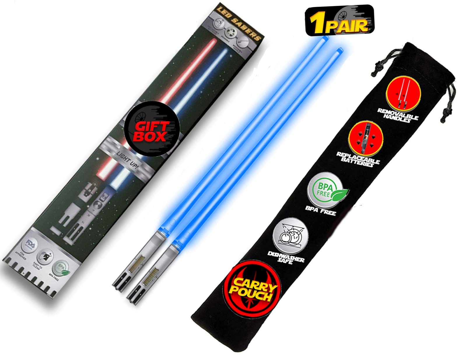 Lightsaber Chopsticks Light UP Star Wars LED Glowing Light Saber Chop Sticks Reusable Sushi Lightup Sabers - Removable Handle Dishwasher Safe - Premium Gift Box & Carry CASE Included - Blue 1 Pair