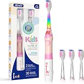 SEAGO Kids Electric Toothbrush, Timer, LED Light, AAA-Powered, 4 Heads | Extra-soft bristles and rainbow LED with 4 brush heads; IPX7 waterproof and up to 150-day use per AAA battery (not included).