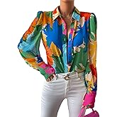 Button Down Shirts for Women Dressy Lantern Long Sleeve Blouses Printed Casual Loose Colorful Blouse Work Tops
