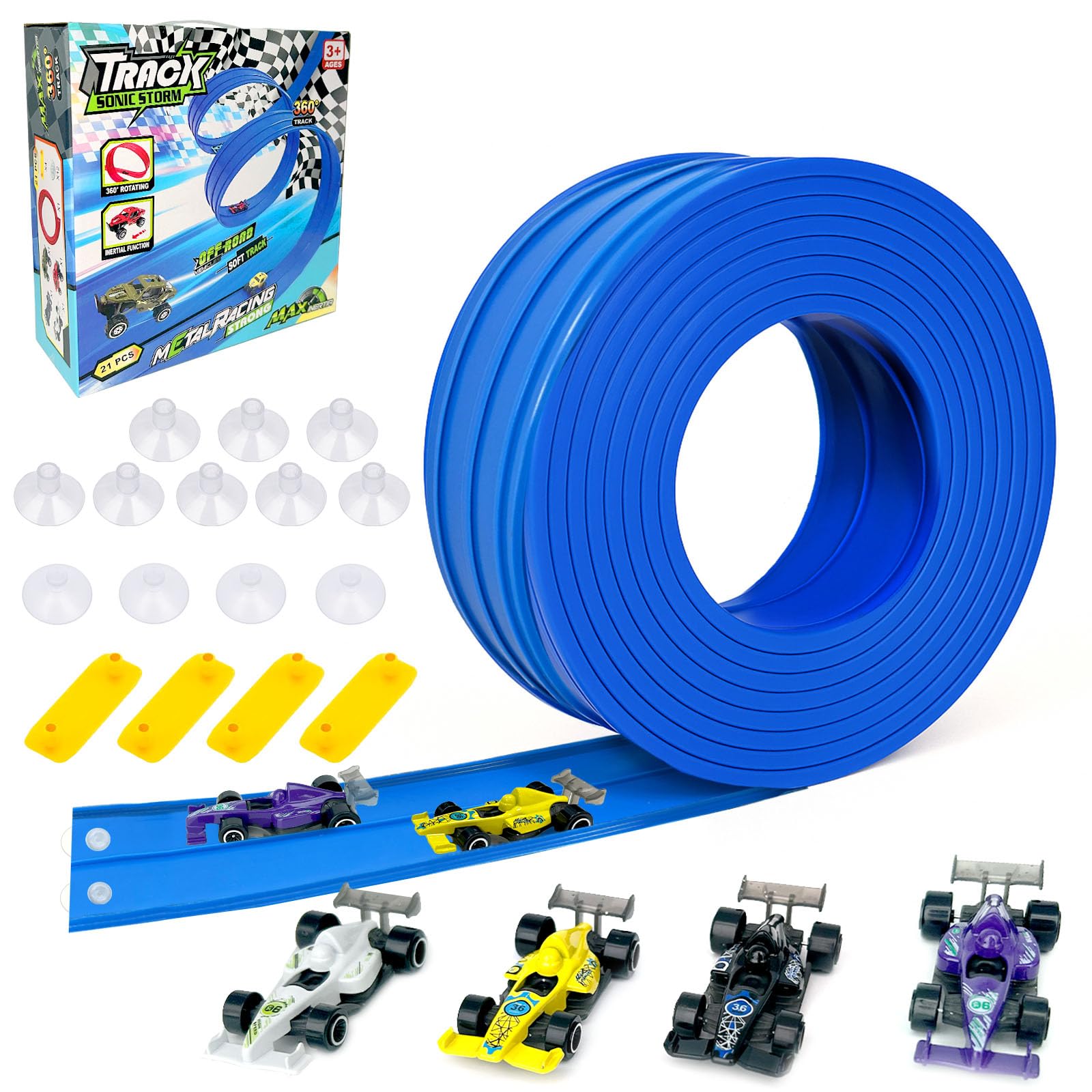 Speed Car Track(4 M) Toy for Racing, Classic Long Roll Up Race Track for Loops, Jumps, Ramps, with 4 Cars and 12 Suckers, for Family, Children, Boys, Girls, Blue