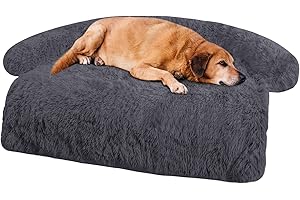 Lasaas Calming Dog Bed Fluffy Plush Dog Sofa Mat Removable Washable Cover Furniture Sofa Cushion with Soft Neck Bolster for Large Medium Small Dogs and Cats Dark Grey L
