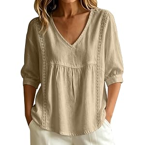 Fall Tops for Women Lace Patchwork V-Neck Casual 3/4 Sleeve Shirt Pleated Front Loose Fit Lightweight Pullover Top