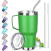 30 oz Tumbler with Handle, Stainless Steel Insulated Tumbler with Lid and Straw, Double Wall Vacuum Coffee Mug Tumbler, Insulated Coffee Thermal Cup for Cold and Hot (Fruit Green)