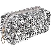 KESYOO Sequin Cosmetic Bag Silver Oxford Cloth Makeup Bag 7.48X3.93X3.54 Inch Portable Zipper Pouch for Women Travel and Daily Us