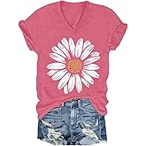 Womens V-Neck T-Shirt Flower Graphic Tees Summer Fashion Boho Tops Tshirts Loose Casual Wildflower Beach T Shirts