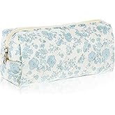 HJZHII Cute Pencil Case, Aesthetic Flowers Pencil Pouch, Portable Pen Bag Wide Opening, Soft Quilted Pencil Pouch Organizer with Zipper for Office College Storage Makeup Pouch, Blue Flowers