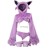 Mobbunny Women's Anime Cosplay Lingerie Set Purple Plush Pajamas Homewear Furry Paw Gloves Hoodie and Bra Panty with Tail