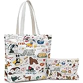 Wazzio Aesthetic 2 Pcs Canvas Tote Bag with Makeup Bag for Christmas, Reusable Grocery Bags Gift for Shopping Gym Travel Work