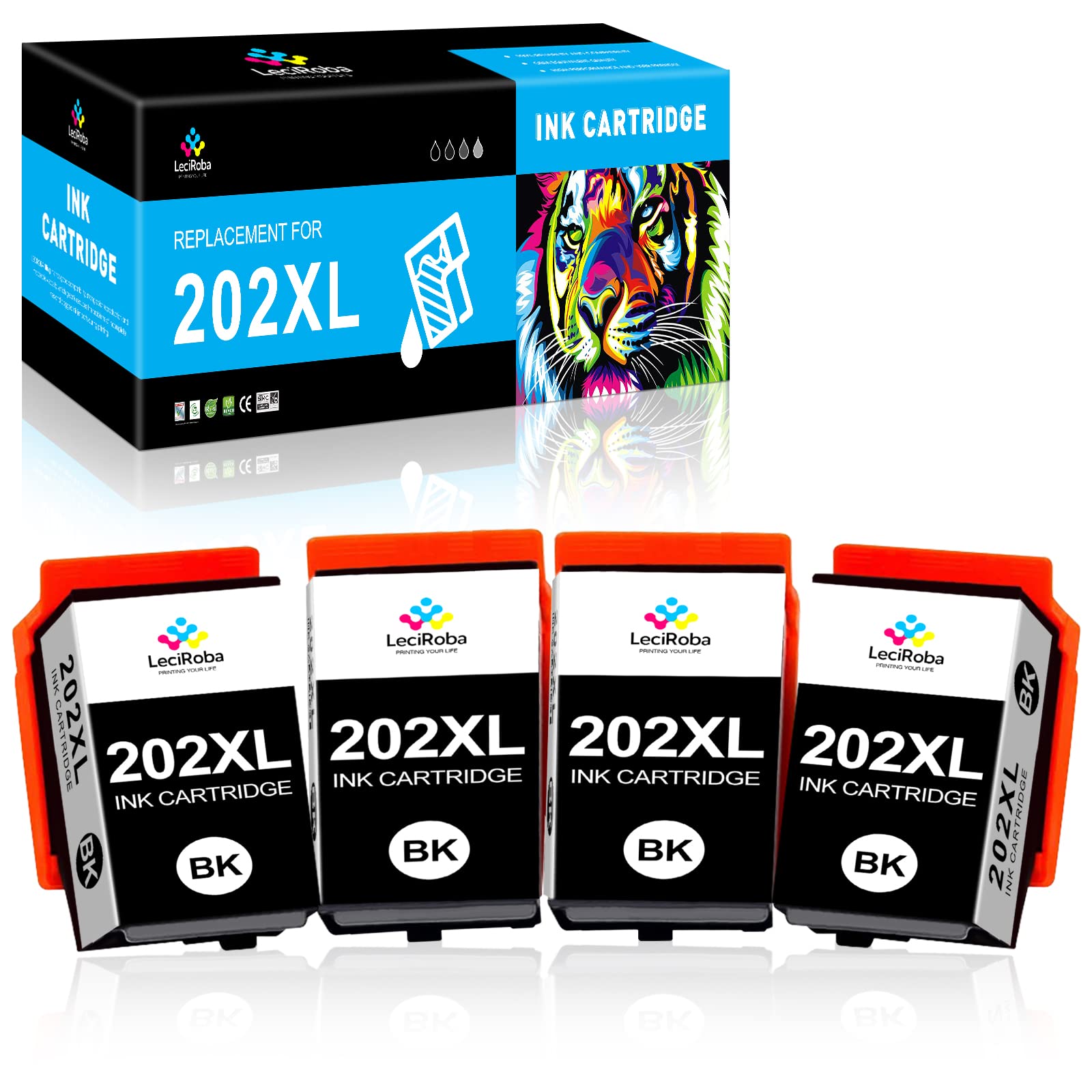 LeciRoba 202XL for Epson 202 Ink Cartridges and 202xl ink for Epson Expression Premium XP-6100 XP-6105 XP-6005 XP-6000 Printer (4 Black)