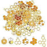 Hobbspring 60Pcs Honeycomb Bee Charms 6 Styles Enamel Honeybee Daisy Flower Charms Alloy Cute Bee Honeycomb Hollow Pendant for Jewelry Necklace Bracelets Earrings Making DIY Crafts