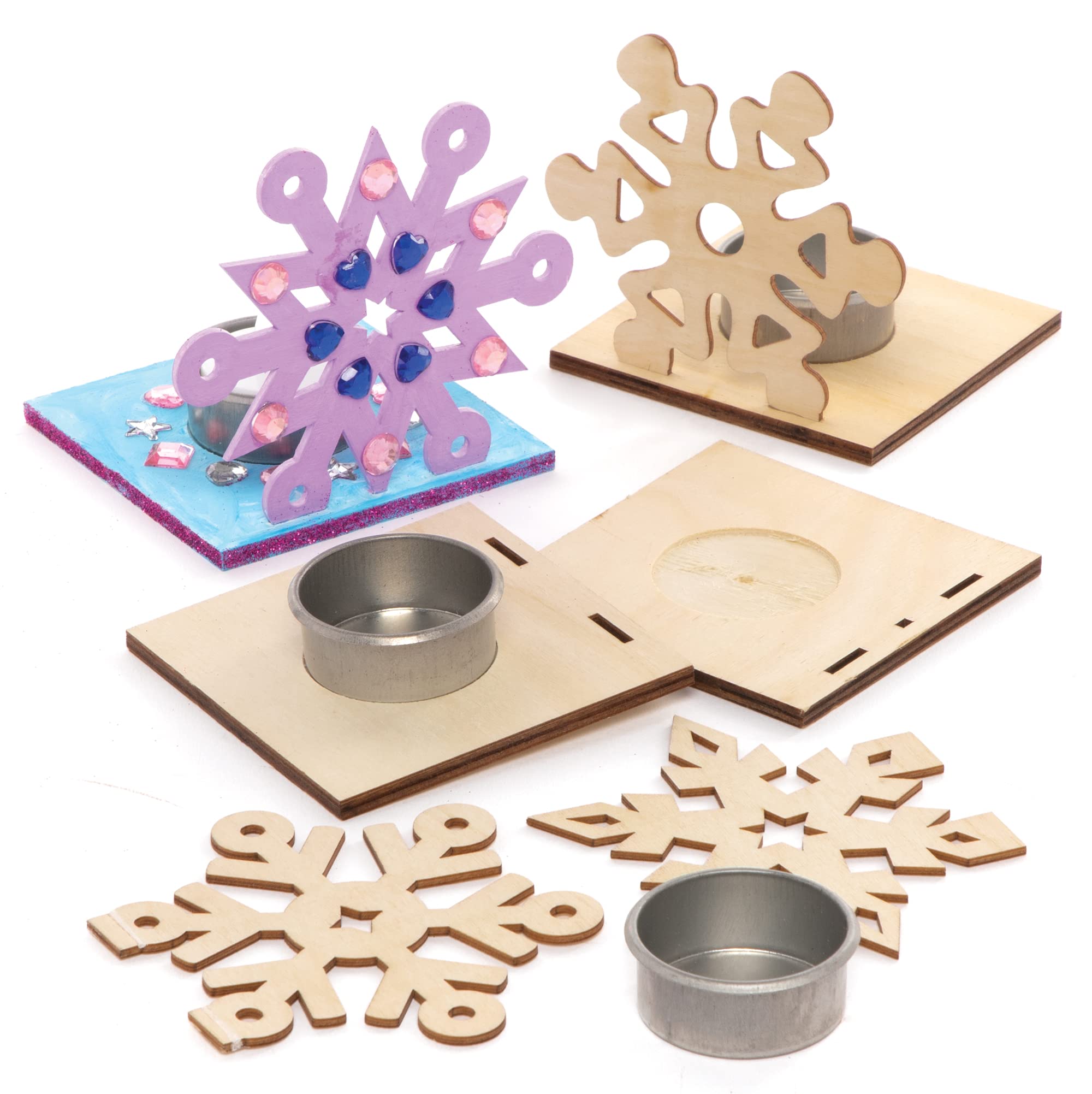 Baker Ross FE890 Snowflake Wooden Tealight Kits - Pack of 4, Tealight Holder to Decorate and Display, Wooden Crafts for Children, Ideal Kids Arts and Crafts Project