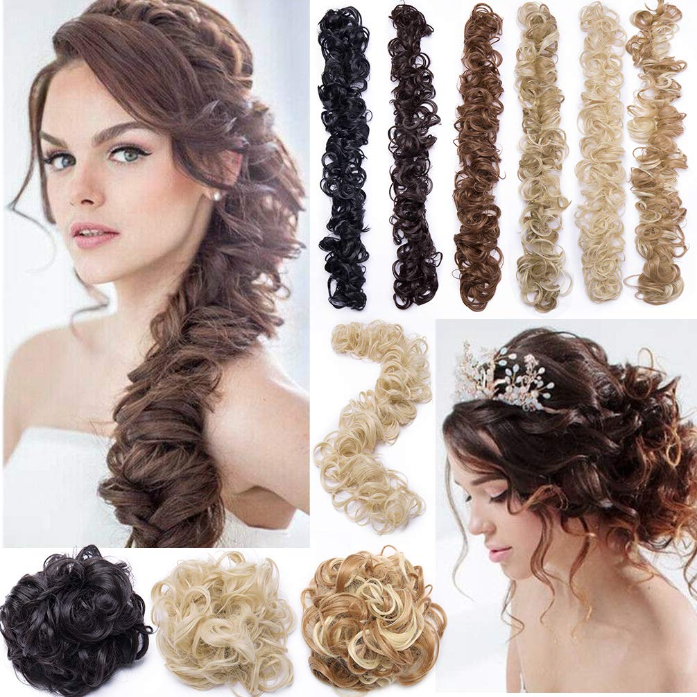 Long Fluffy Messy Bun Hair Piece Scrunchy DIY Wrap around Touseld Updo Hair Extensions Ponytail Curly Wavy Chignon Hairpieces Ash Blonde Highlight — image 1