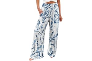 Astreeas Palazzo Pants for Women Elastic High Waisted Linen Pants Casual Wide Leg Lounge Pants Summer Trousers with Pockets