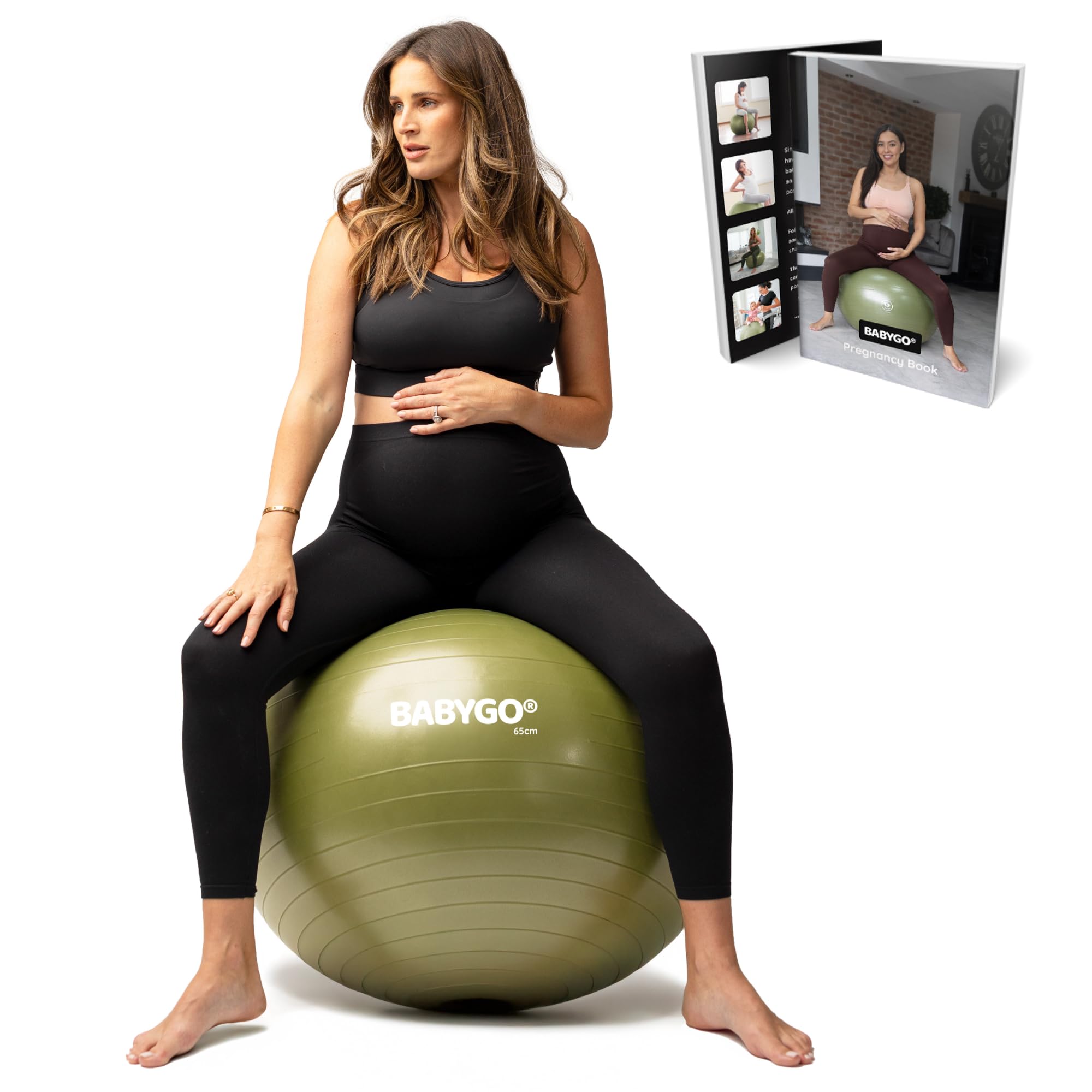 BABYGO® Birthing Ball For Pregnancy Maternity Labour & Yoga + Our 100 Page Pregnancy Book, Exercise, Birth & Recovery Plan, Anti-Burst Eco Friendly Material (Olive, 75cm)