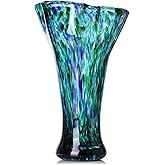 9.8" Tall Teal Blue Hand Blown Glass Vases for Home Decor,Modern Wide Mouth Ruffle Flower Vase Table Centerpieces,Colored Coastal Sea Glass Art for Bookshelf,Bathroom,Counterto,Wedding