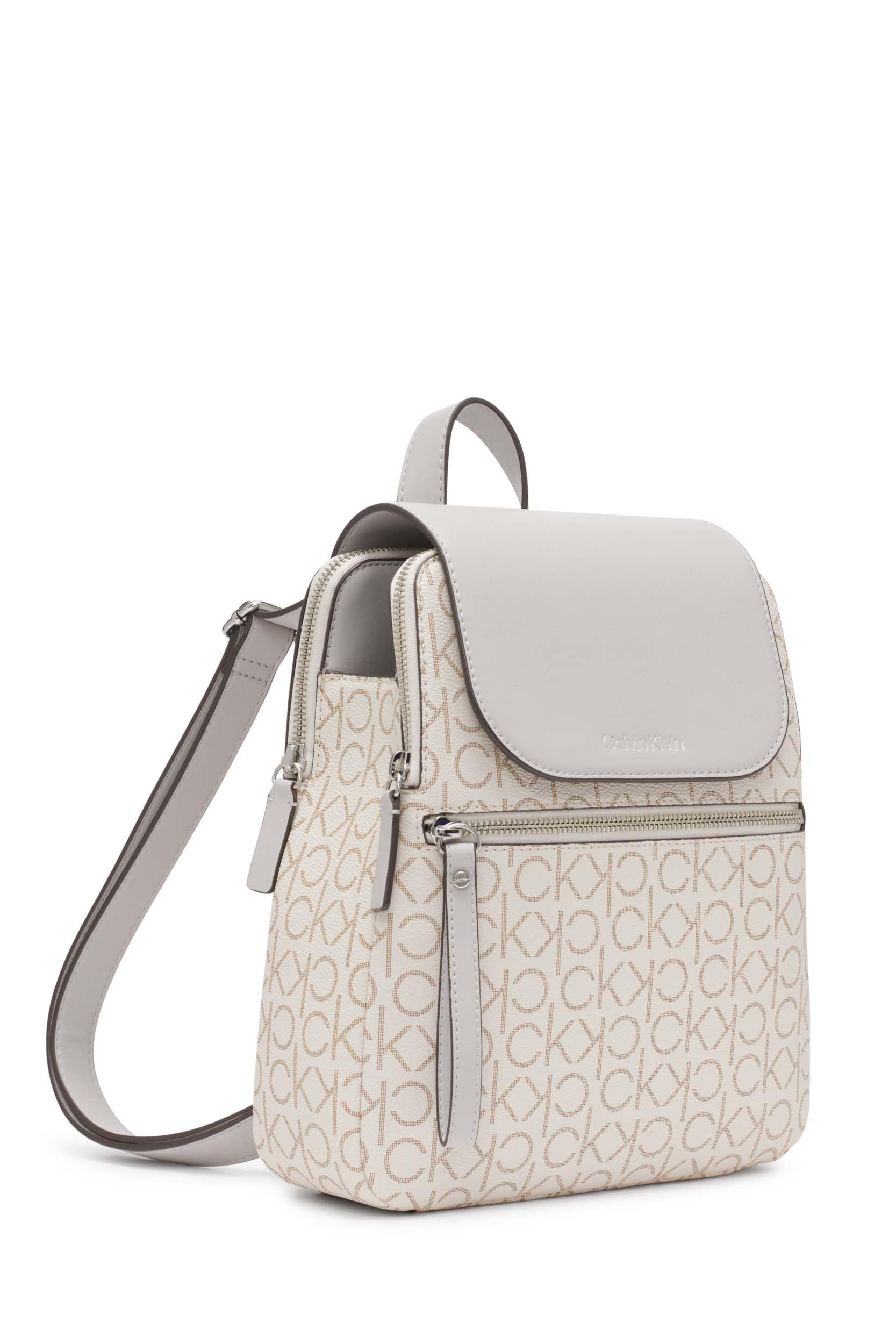 Calvin Klein Reyna Signature Key Item Flap Backpack, Vanilla/Khaki/Dove, One Size