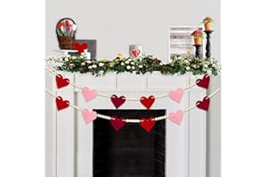 LAIRYAN Valentines Felt Heart Garland with Wood Beads - NO DIY -Valentines Decorations - Red Pink Burgundy Heart Rustic Farmhouse Happy Valentines Day Banner For Home Mantel Wedding Anniversary Party Supplies