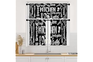Arttown Black Modern Kitchen Window Curtains Valance and Tier Set 36 Inch, White Doodle Rod Pocket Short Tier Curtain, Abstract Art Small Drapes for Kitchen Decor