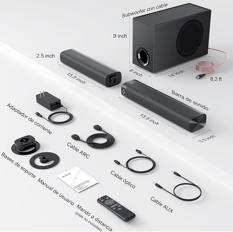 Barra de Sonido con Subwoofer para TV, 110W Home Theater con Deep Bass&Aumento de Volumen &3 Ecualización Modos, Bluetooth 5.3/ARC/Opt/AUX, Surround System Soundbar para TV/PC/Proyectores — foto 8 de 8